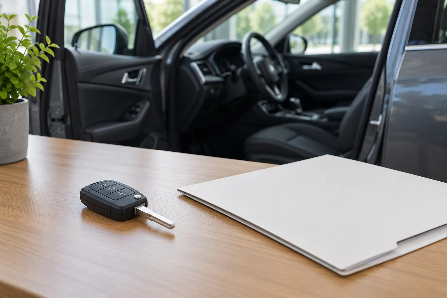 Fahrzeugschlüssel und unbeschriftete Unterlagen zur Vorbereitung einer Autoübergabe